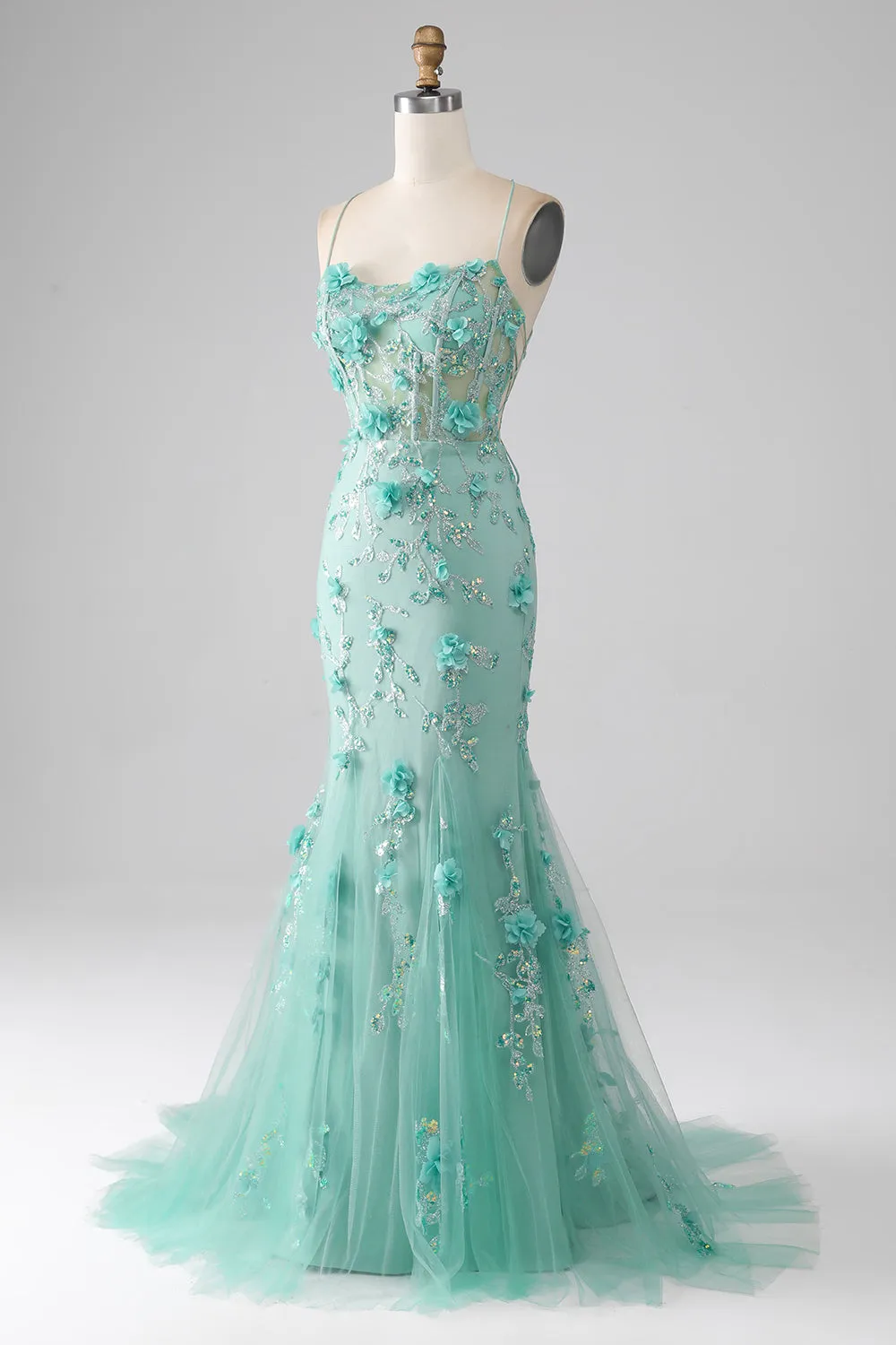 Green Mermaid Spaghetti Straps Long Prom Dress with Appliques sold by Zapaka product image thumbnail 3