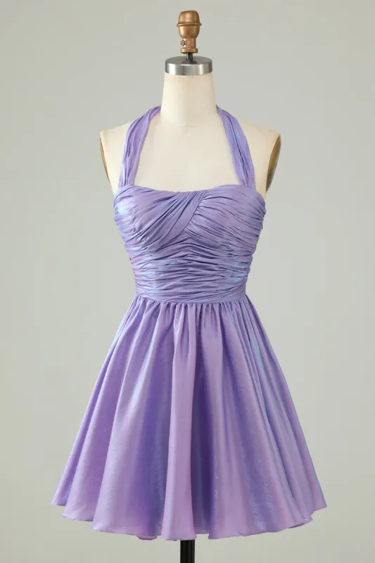 Purple Halter Open Back Sleeveless A Line Homecoming Dress sold by Zapaka