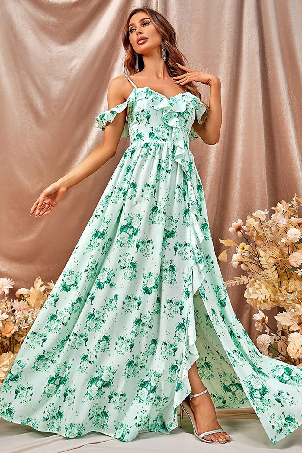 Flower Printed Green Casual Dress with Slit sold by Zapaka