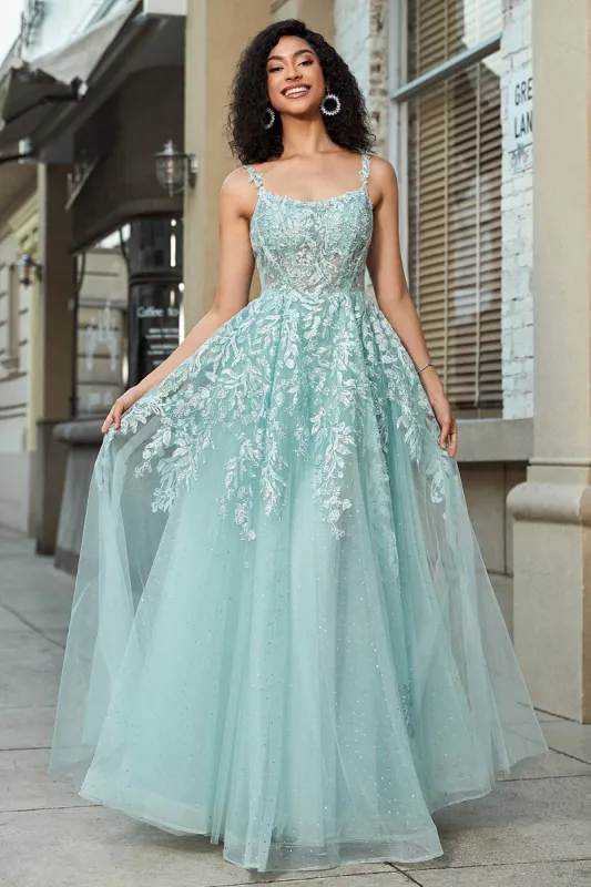 Gorgeous A Line Spaghetti Straps Mint Corset Prom Dress with Appliques sold by Zapaka