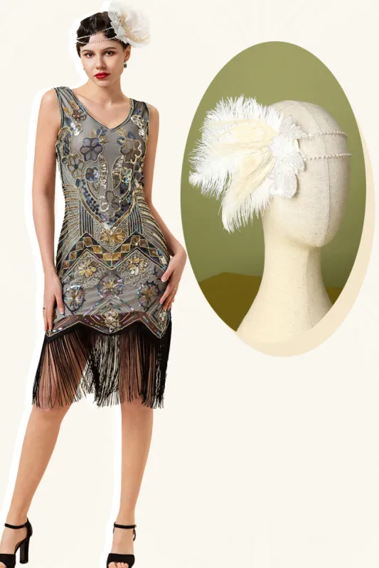 Apricot and Golden Sequined Fringes 1920s Gatsby Flapper Dress with 20s Accessories Set sold by Zapaka