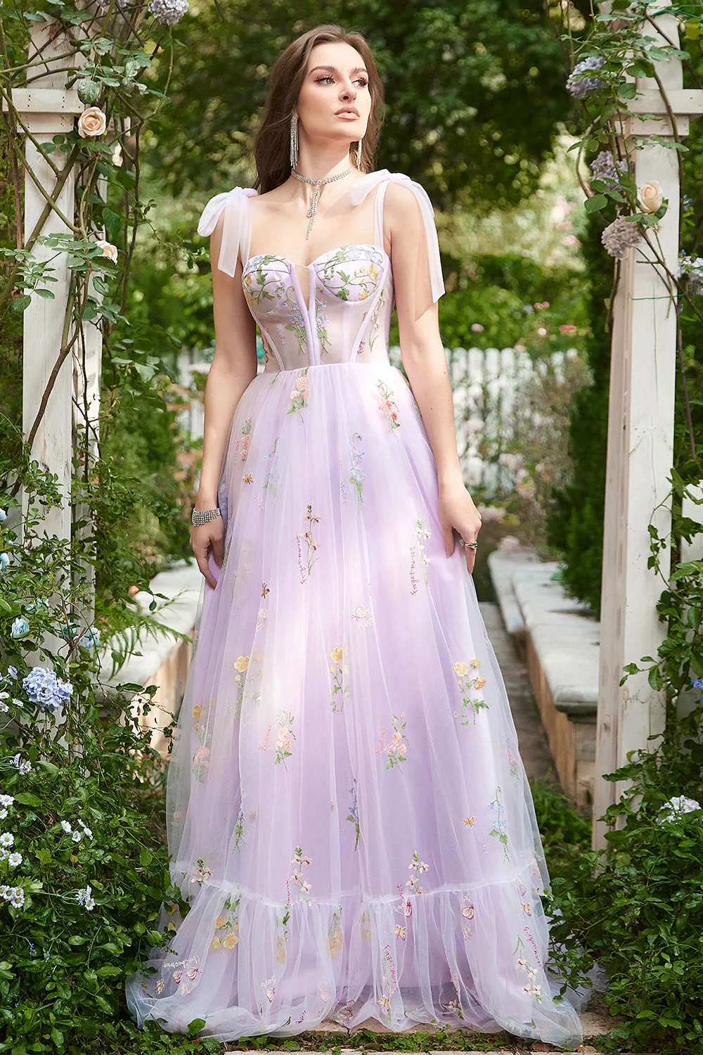 Lilac A Line Corset Tulle Long Prom Dress with Embroidery sold by Zapaka product image thumbnail 3