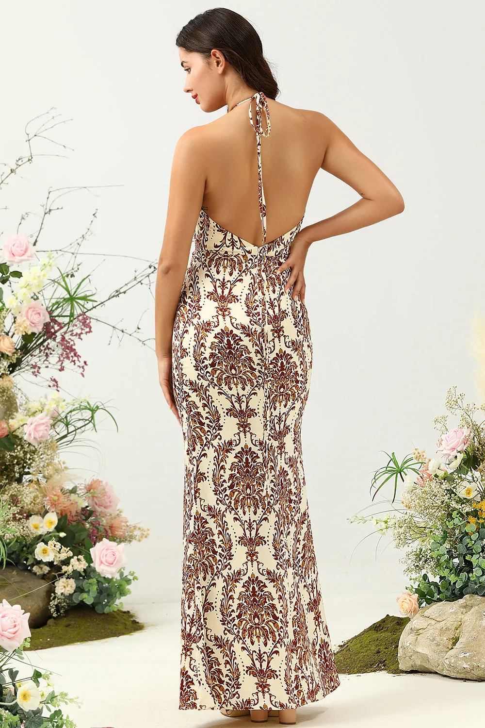 Mermaid Printed Brown Long Bridesmaid Dress sold by Zapaka product image thumbnail 2