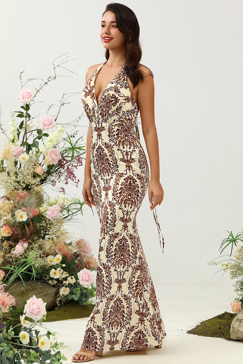 Mermaid Printed Brown Long Bridesmaid Dress sold by Zapaka product image thumbnail 3