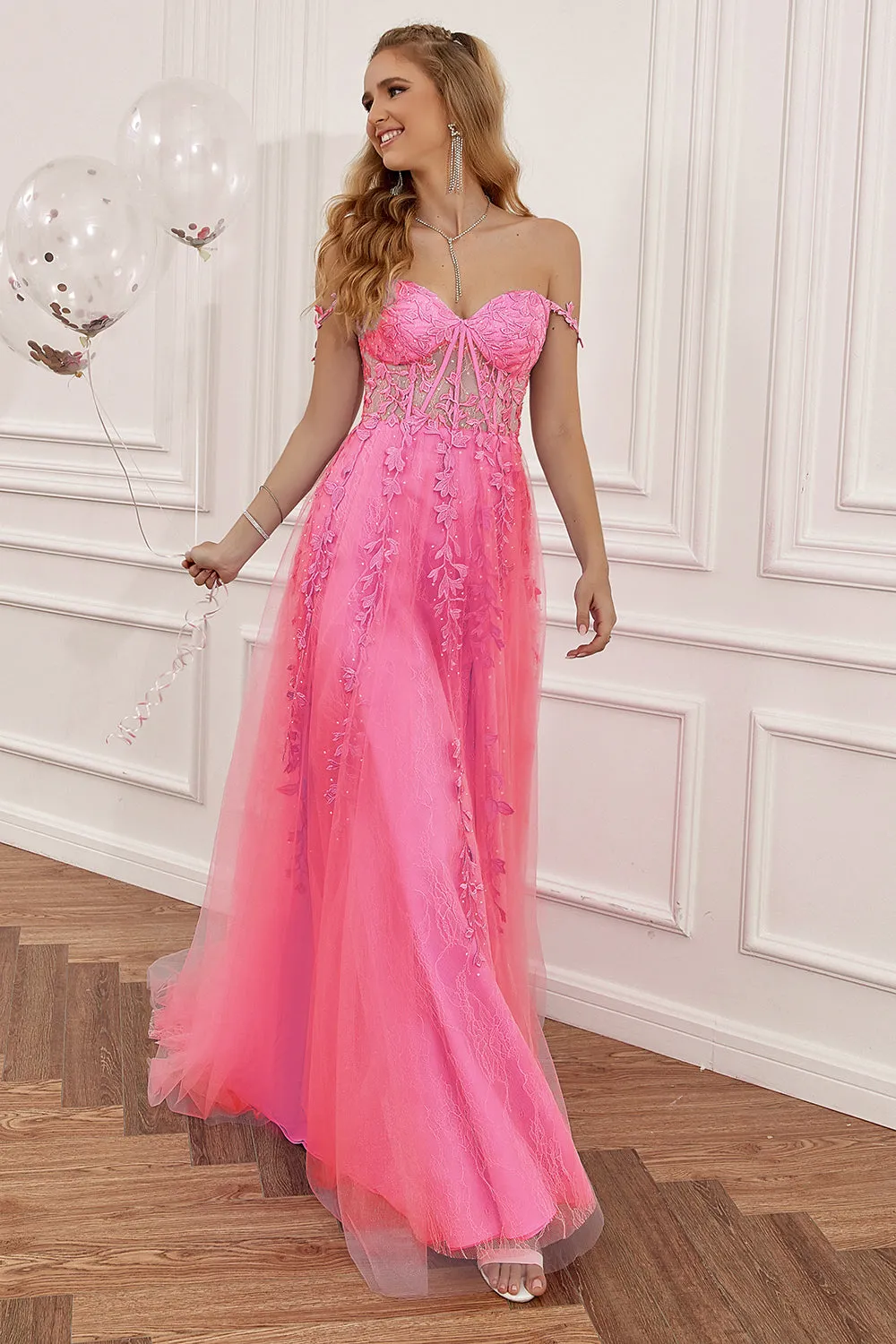 A Line Spaghetti Straps Hot Pink Prom Dress with Appliques sold by Zapaka