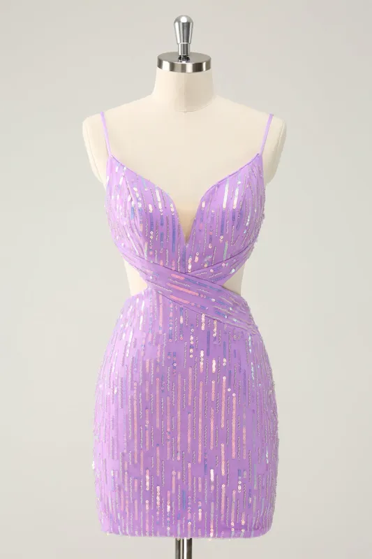 Glitter Purple Tight Sequined V Neck Short Homecoming Dress sold by Zapaka