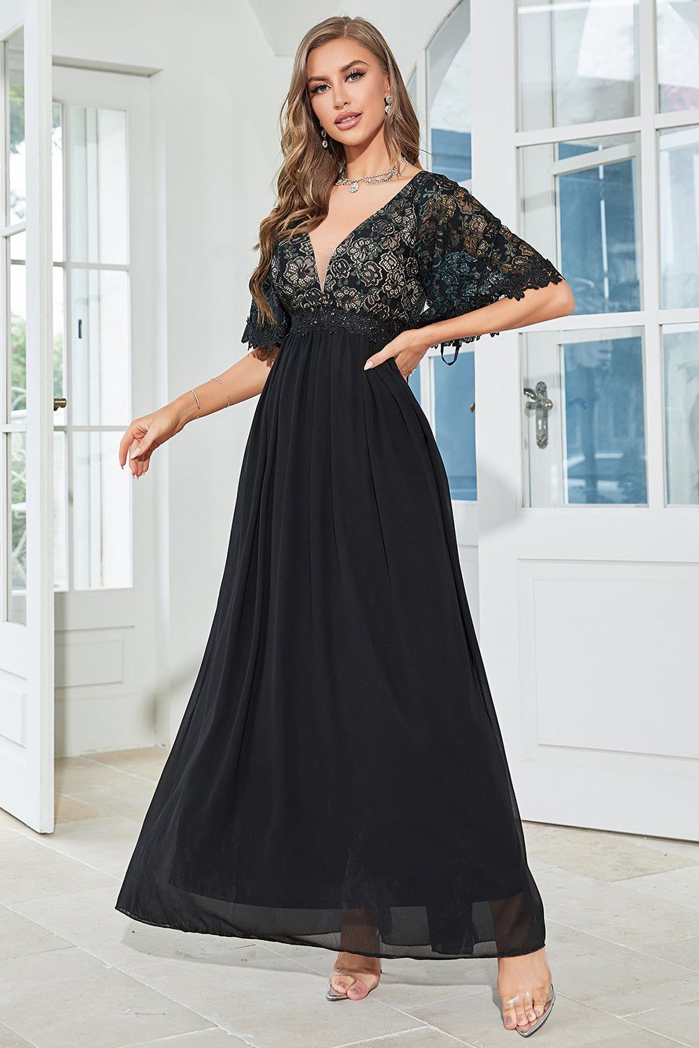 Black A Line Lace Formal Dress with Short Sleeves sold by Zapaka product image thumbnail 4