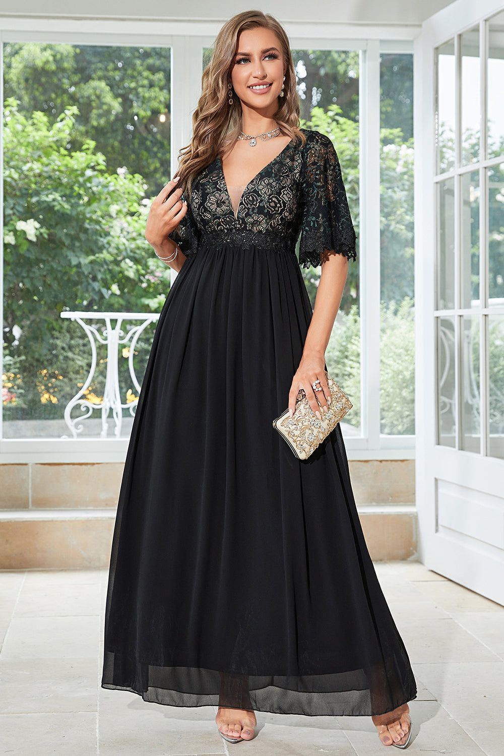 Black A Line Lace Formal Dress with Short Sleeves sold by Zapaka