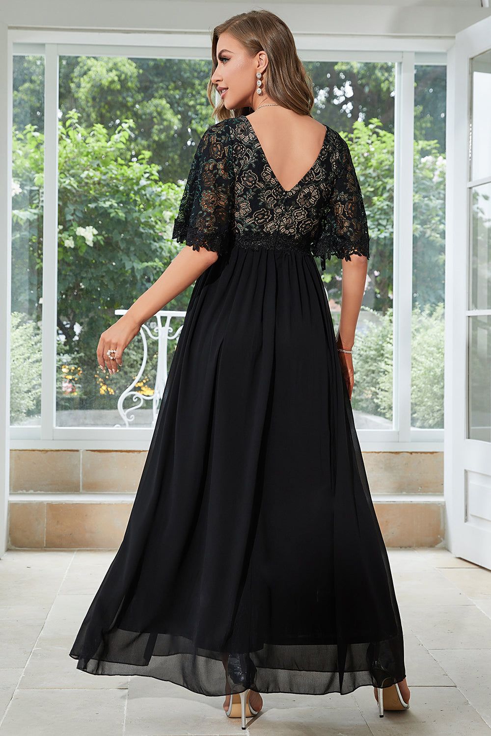 Black A Line Lace Formal Dress with Short Sleeves sold by Zapaka product image thumbnail 2