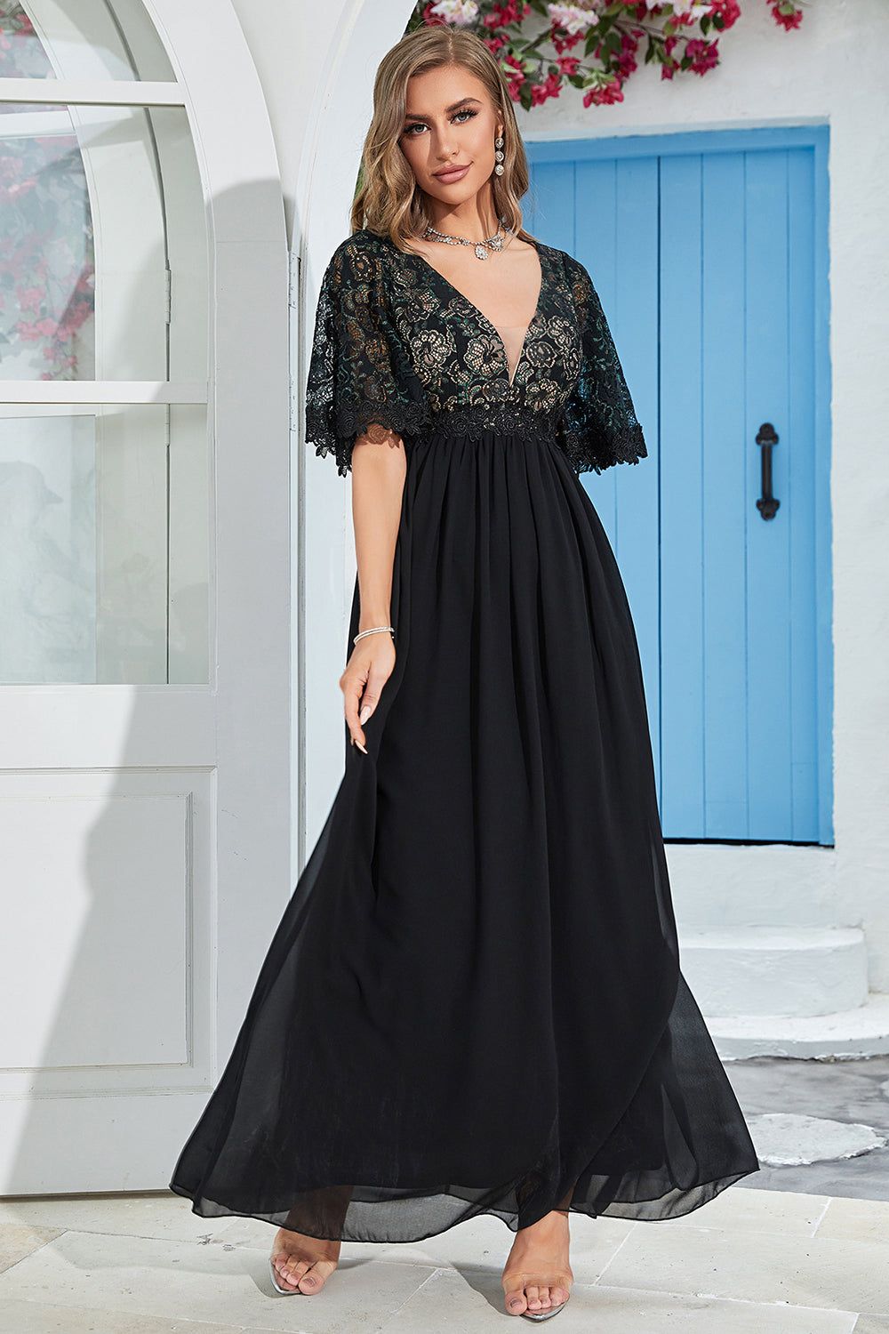 Black A Line Lace Formal Dress with Short Sleeves sold by Zapaka product image thumbnail 3