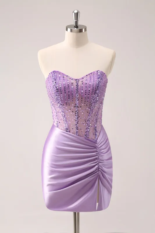 Lilac Strapless Sequins Corset Ruched Tight Homecoming Dress sold by Zapaka