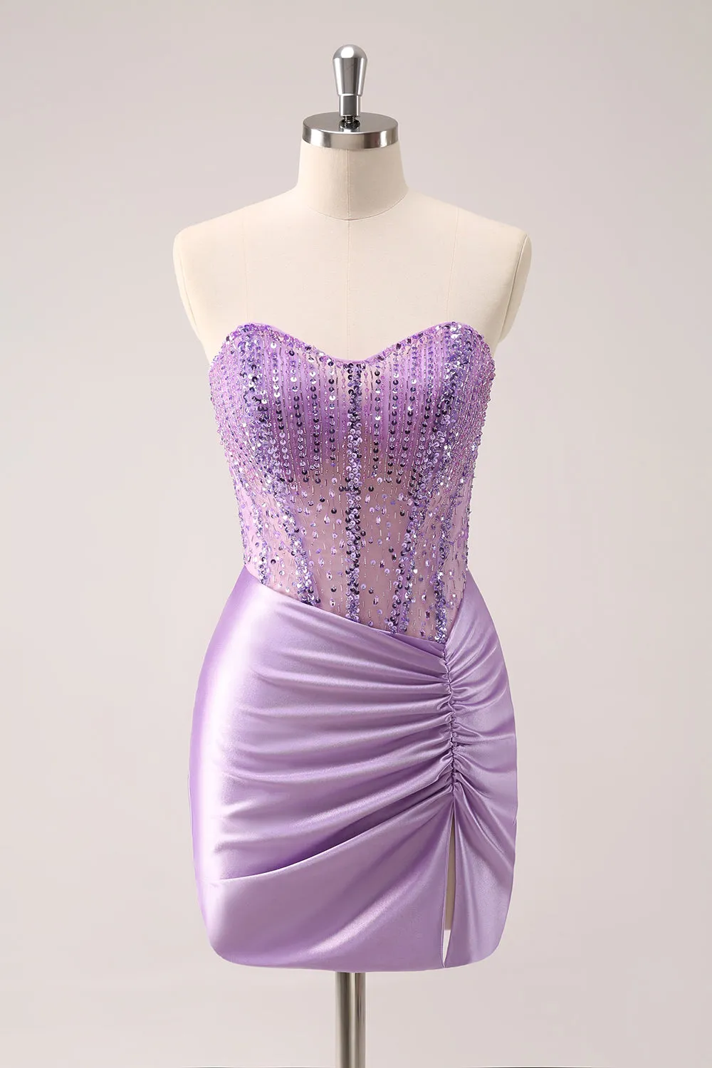 Lilac Strapless Sequins Corset Ruched Tight Homecoming Dress sold by Zapaka