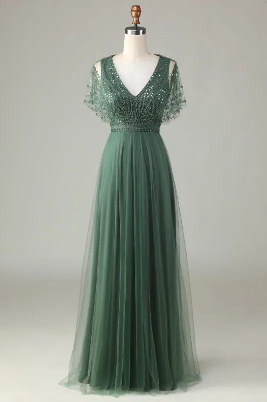 Tulle A-Line Beaded Eucalyptus Bridesmaid Dress with Sequins sold by Zapaka