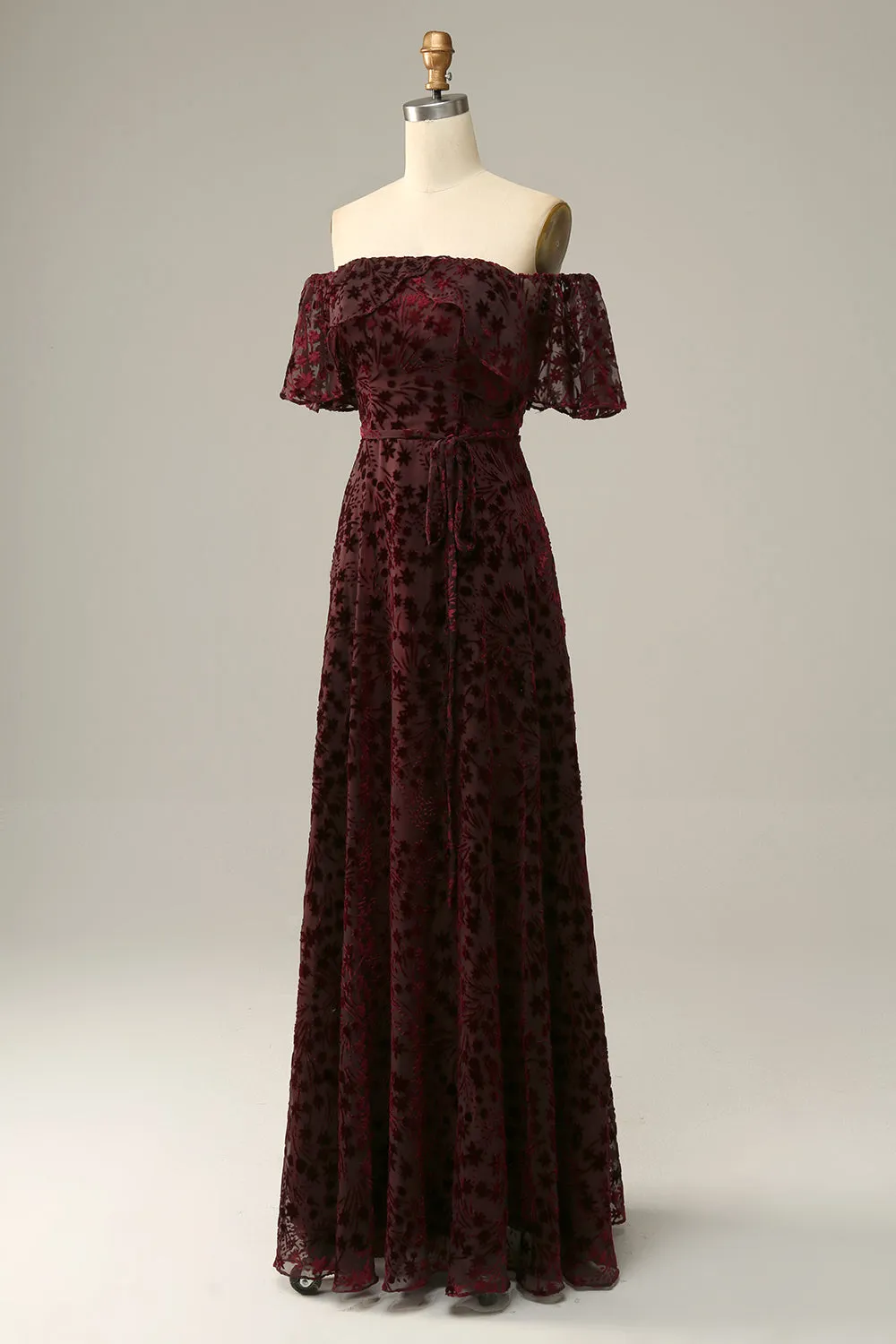 Burgundy Flower A Line Off The Shoulder Evening Dress sold by Zapaka product image thumbnail 3
