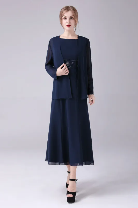 Navy Boat Neck A-line 2 Pieces Mother of the Bride Dress sold by Zapaka