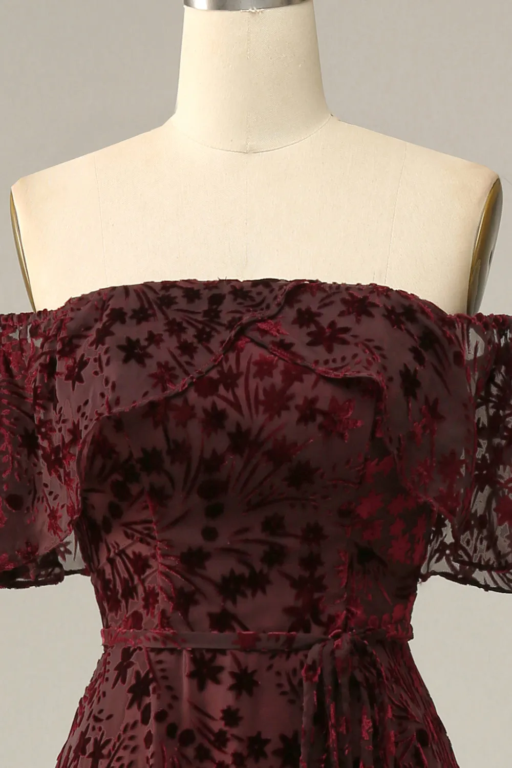Burgundy Flower A Line Off The Shoulder Evening Dress sold by Zapaka product image thumbnail 4