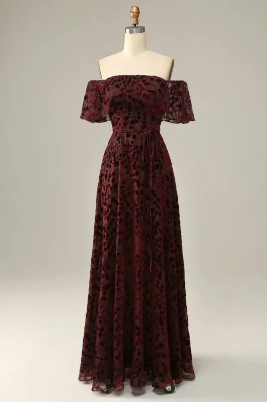 Burgundy Flower Off The Shoulder Evening Dress sold by Zapaka