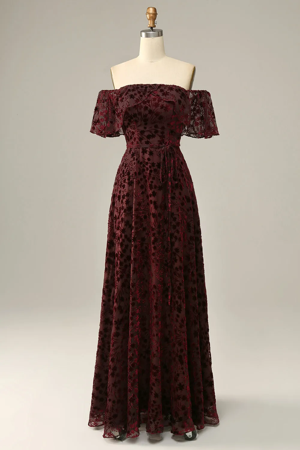 Burgundy Flower A Line Off The Shoulder Evening Dress sold by Zapaka