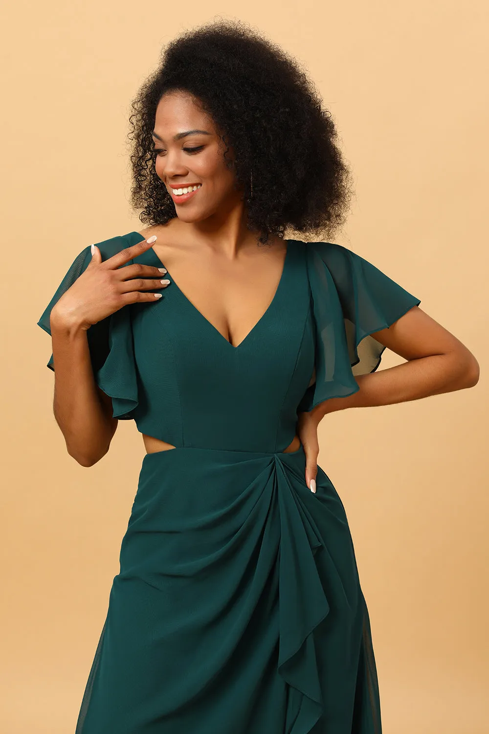 Hollow-out Chiffon Green Bridesmaid Dress with Ruffles Sleeves sold by Zapaka product image thumbnail 5