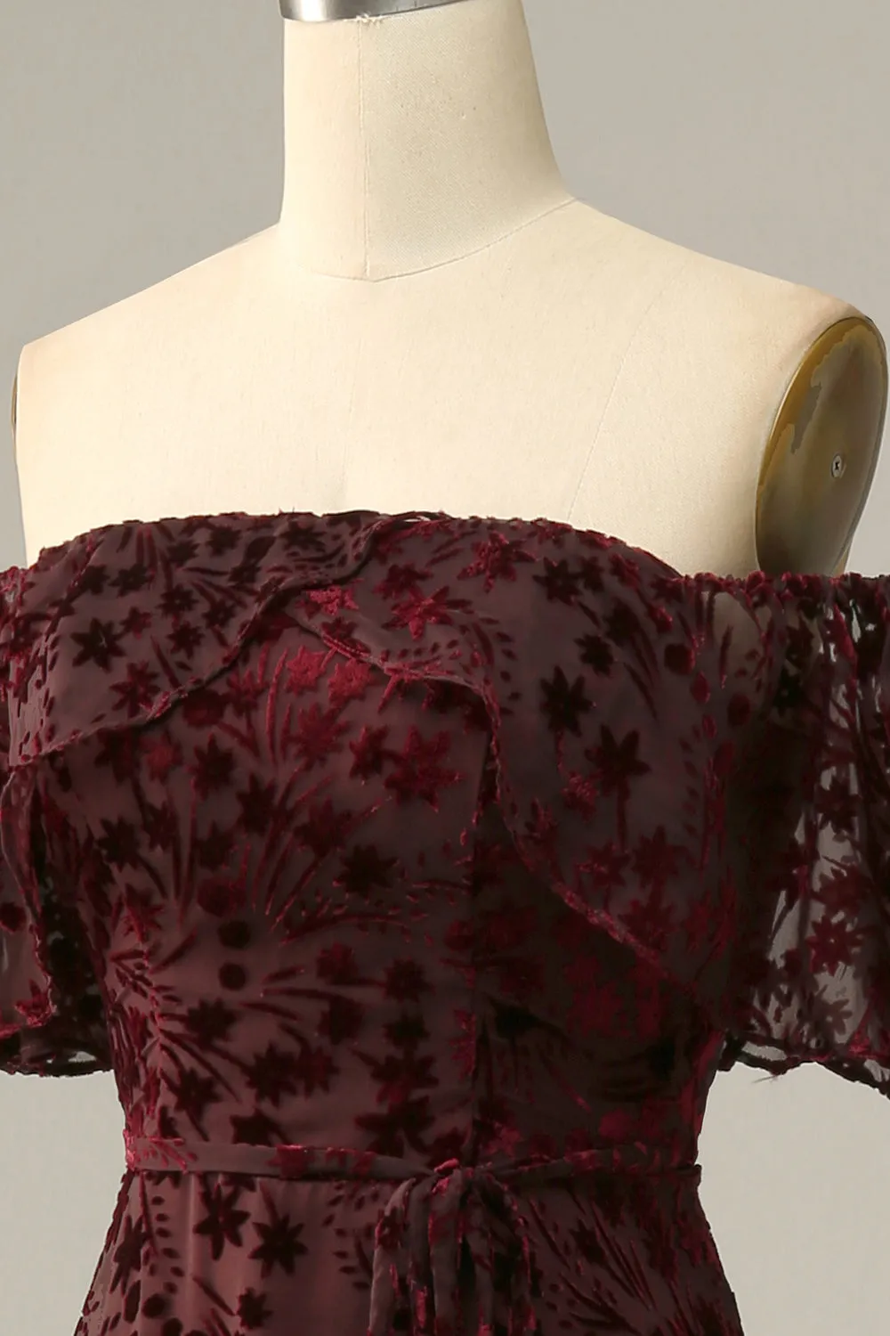 Burgundy Flower A Line Off The Shoulder Evening Dress sold by Zapaka product image thumbnail 5