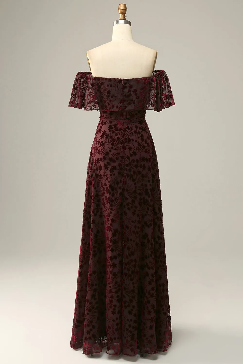 Burgundy Flower A Line Off The Shoulder Evening Dress sold by Zapaka product image thumbnail 2