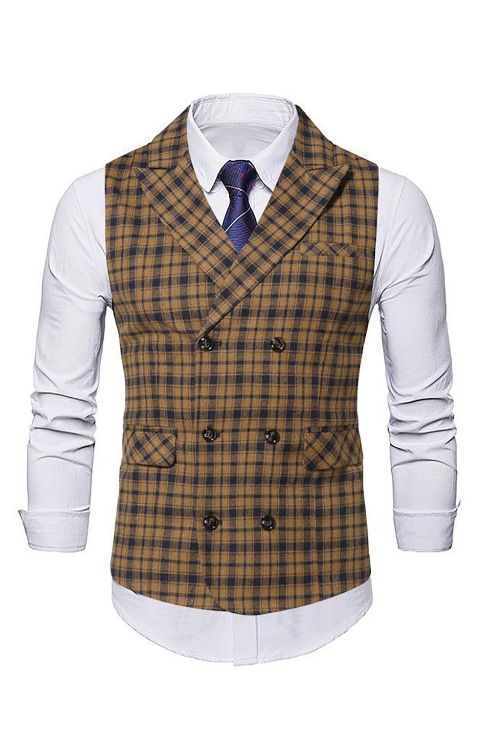 Coffee Notched Lapel Plaid Men's Suit Vest sold by Zapaka