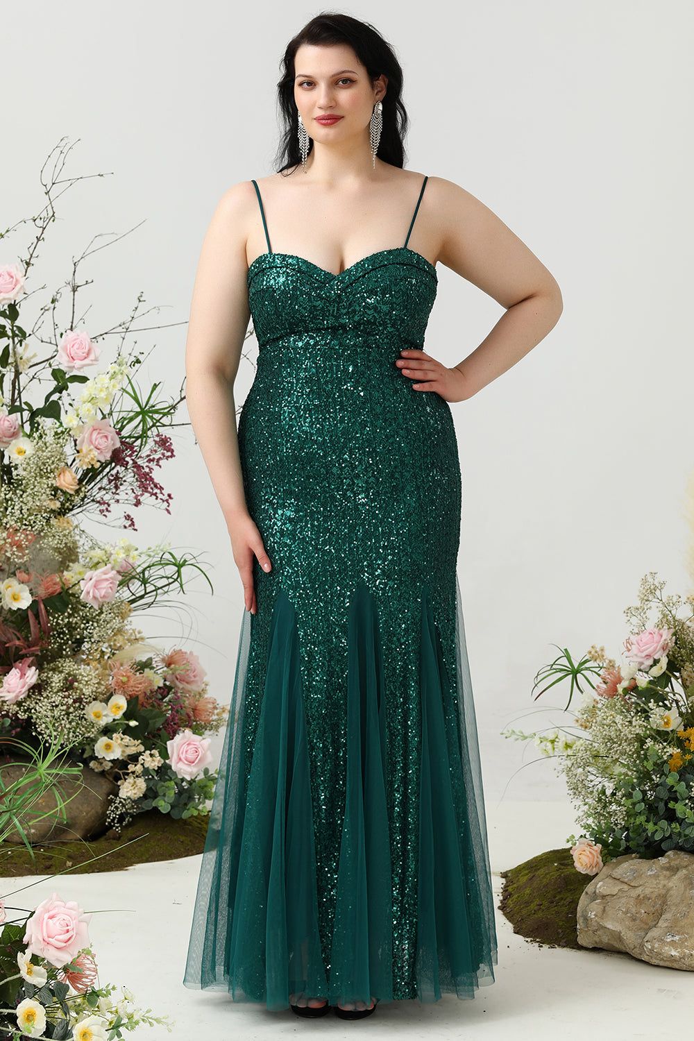 Sheath Spaghetti Straps Dark Green Sequins Plus Size Prom Dress sold by Zapaka