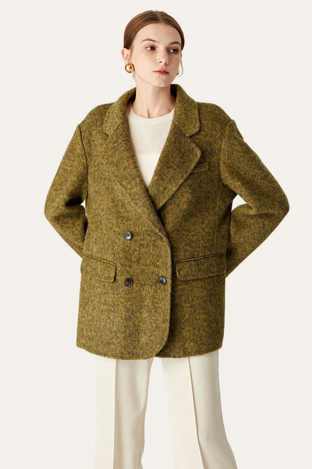 Green Double Breasted Wool Lapel Neck Cropped Coat sold by Zapaka
