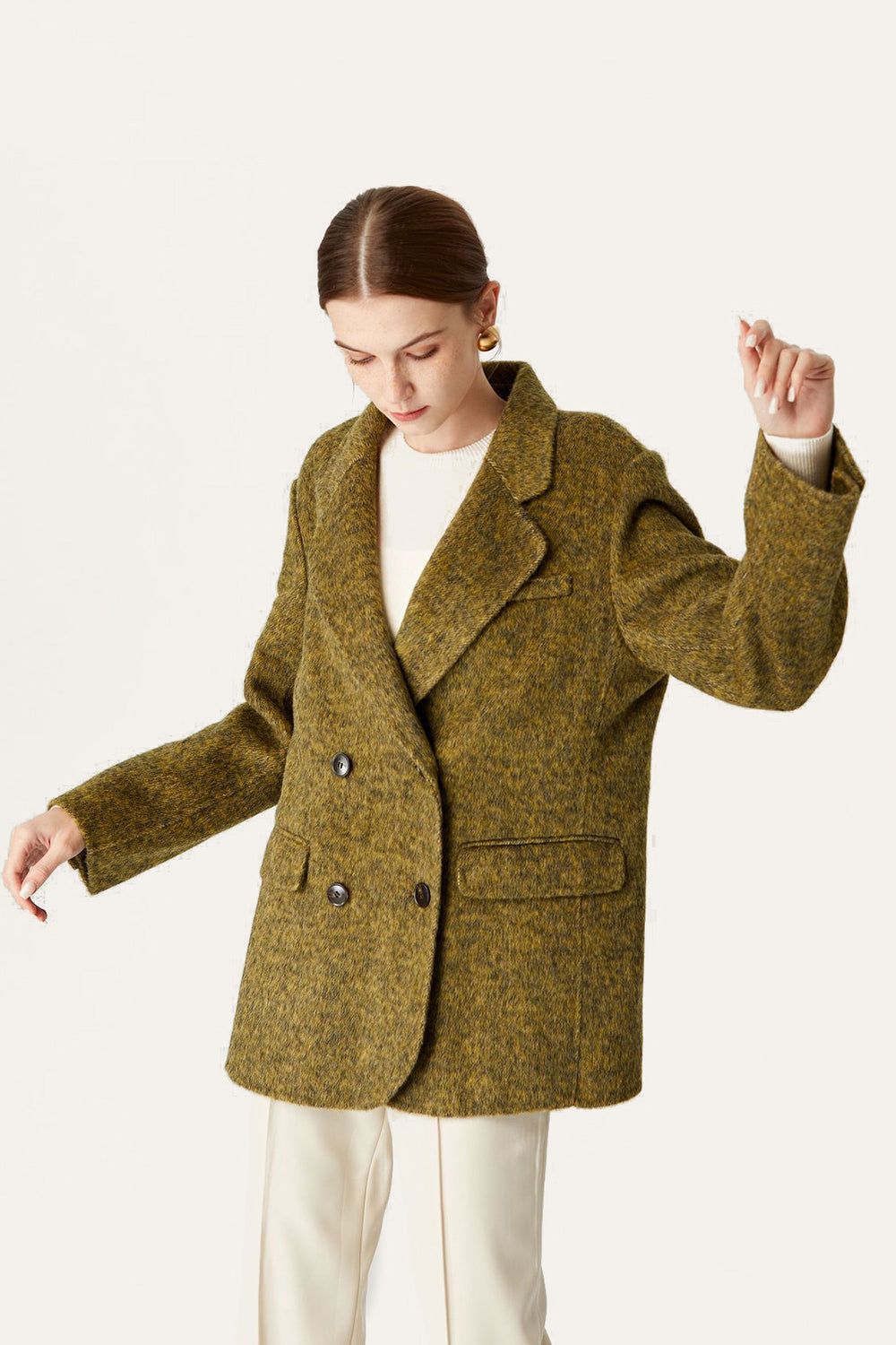 Green Double Breasted Wool Lapel Neck Cropped Coat sold by Zapaka product image thumbnail 3