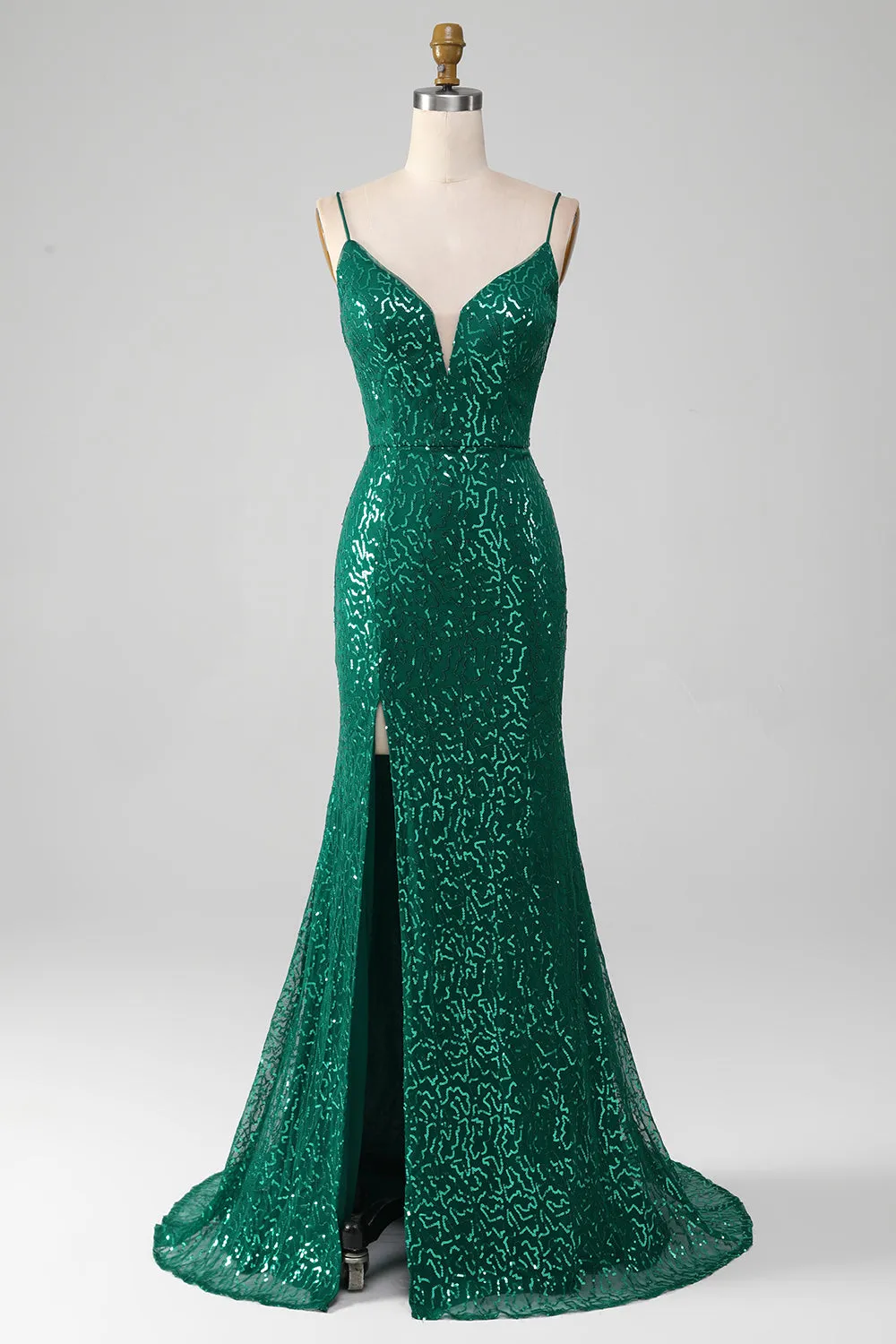 Sparkly Dark Green Beaded Sequins Long Prom Dress with Slit sold by Zapaka
