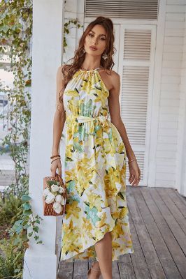 Halter Neck Flower Printed Tea Length Yellow Summer Dress sold by Zapaka