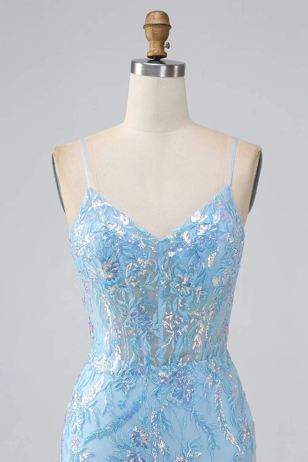 Sparkly Light Blue Mermaid Spaghetti Straps Long Prom Dress With Beading sold by Zapaka product image thumbnail 4