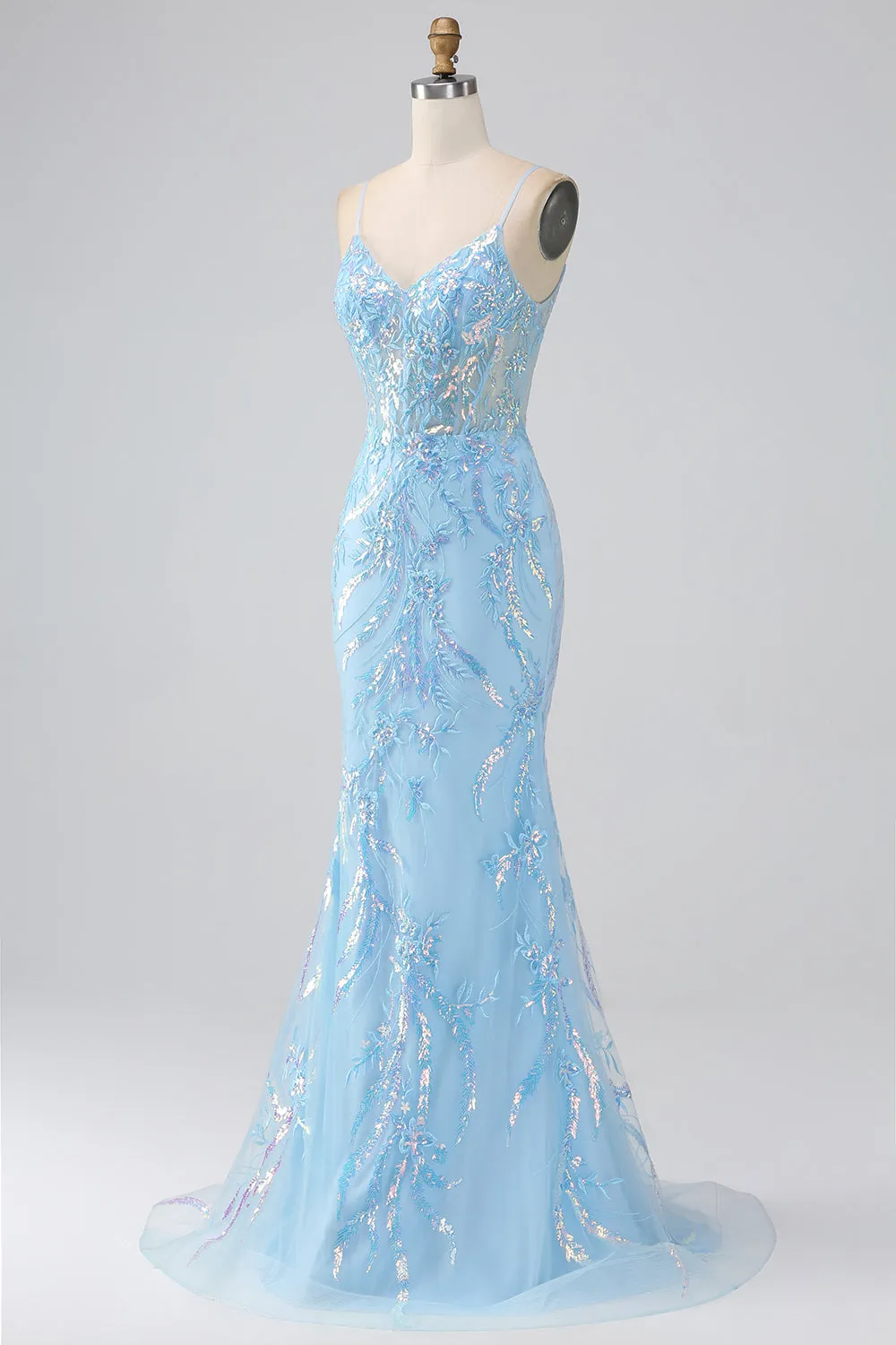 Sparkly Light Blue Mermaid Spaghetti Straps Long Prom Dress With Beading sold by Zapaka product image thumbnail 3
