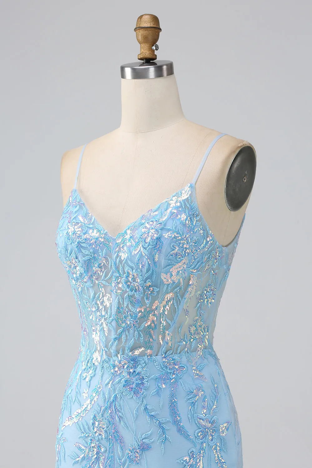 Sparkly Light Blue Mermaid Spaghetti Straps Long Prom Dress With Beading sold by Zapaka product image thumbnail 5