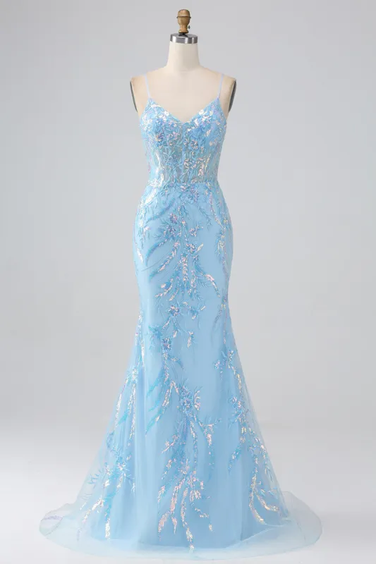 Sparkly Light Blue Mermaid Spaghetti Straps Long Prom Dress With Beading made by Zapaka