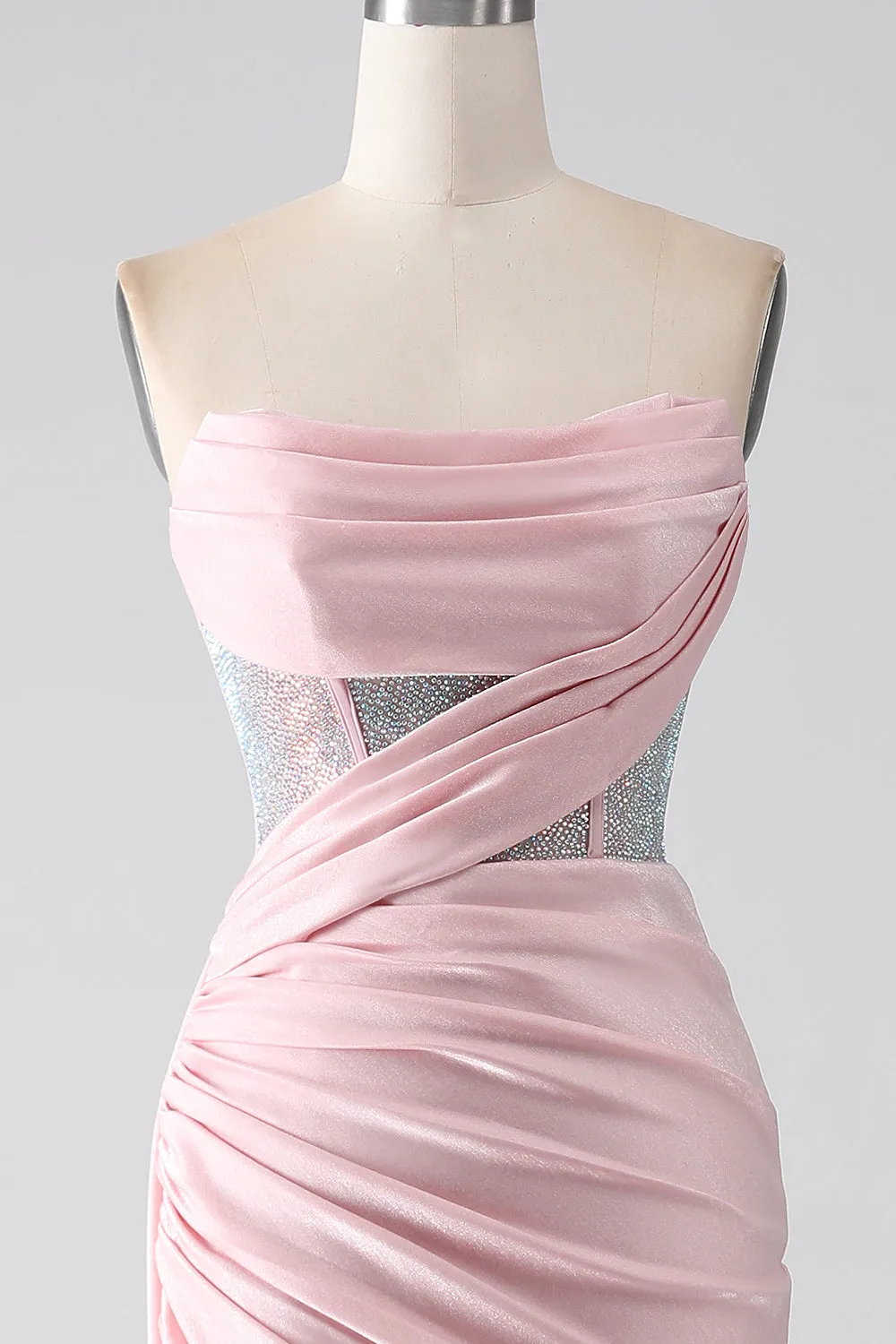Pink Mermaid Strapless Beaded Pleated Long Prom Dress With High Slit sold by Zapaka product image thumbnail 4