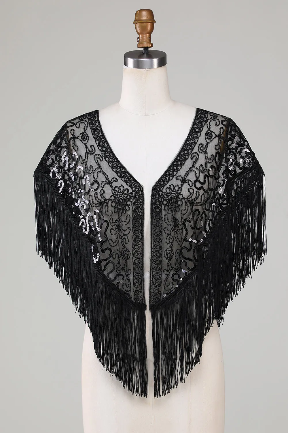Black Sequins Glitter 1920s Cape with Fringes sold by Zapaka