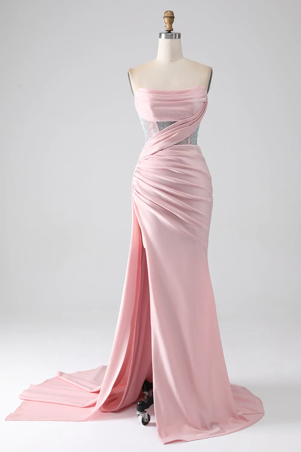 Pink Mermaid Strapless Beaded Pleated Long Prom Dress With High Slit sold by Zapaka