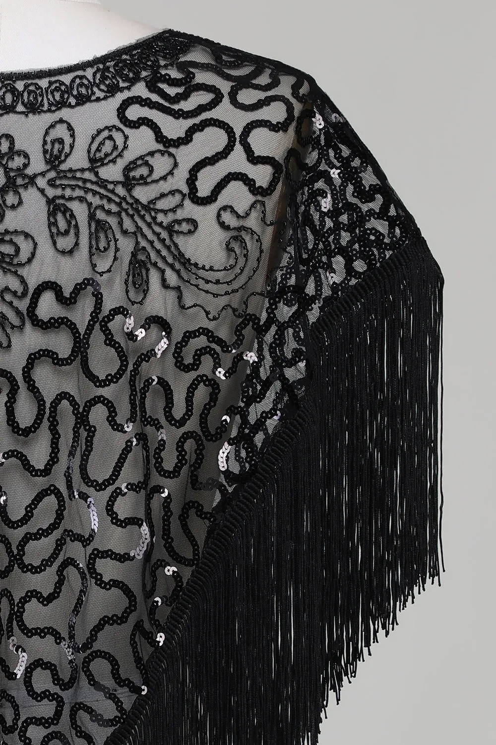 Black Sequins Glitter 1920s Cape with Fringes sold by Zapaka product image thumbnail 5