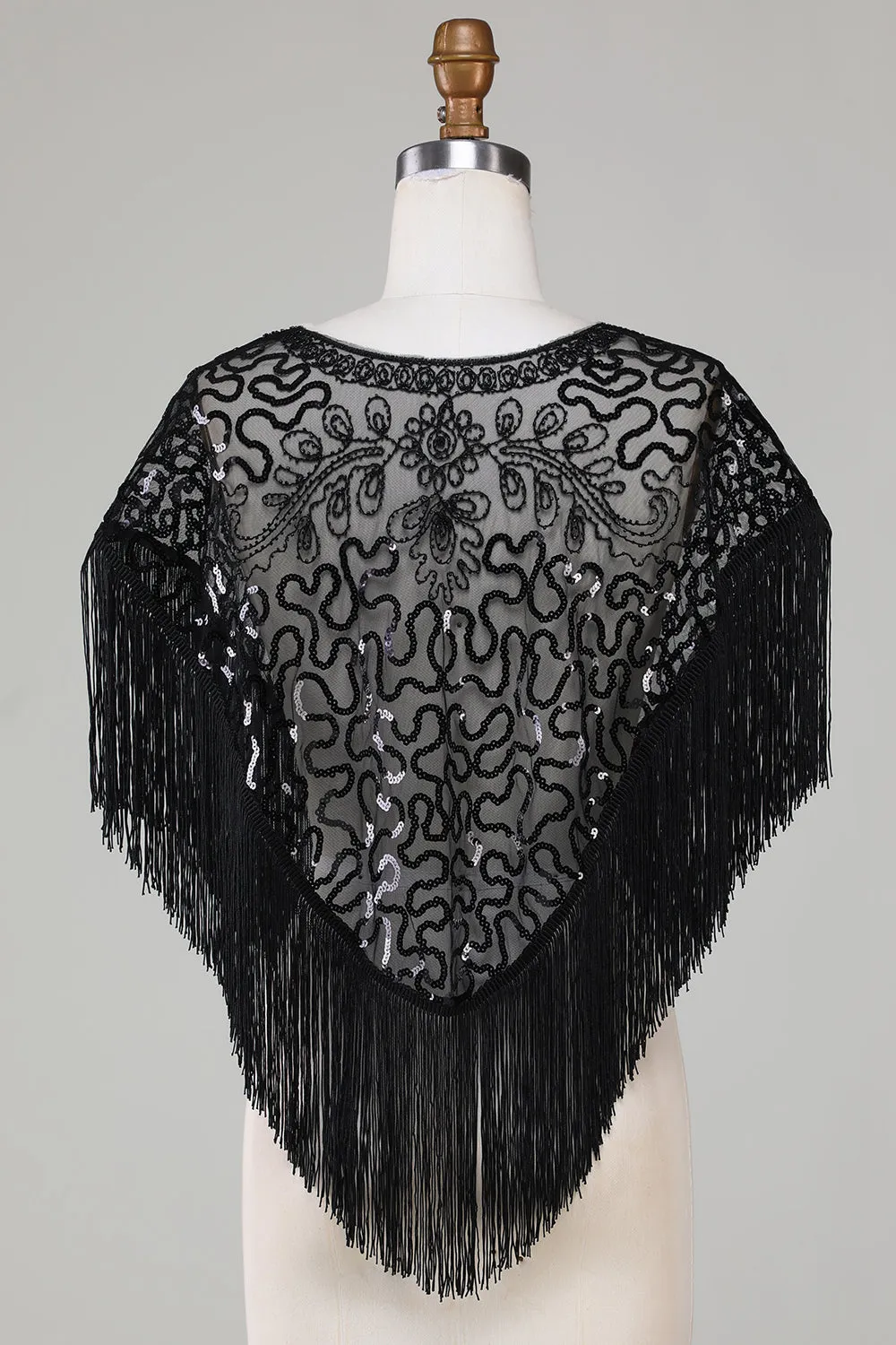 Black Sequins Glitter 1920s Cape with Fringes sold by Zapaka product image thumbnail 2