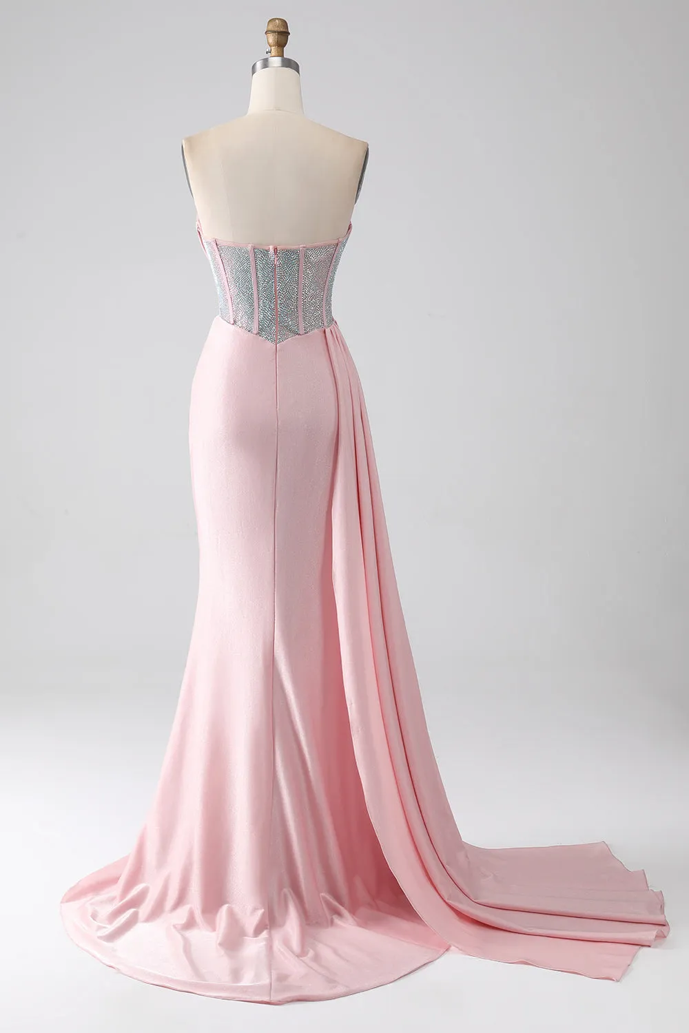 Pink Mermaid Strapless Beaded Pleated Long Prom Dress With High Slit sold by Zapaka product image thumbnail 2