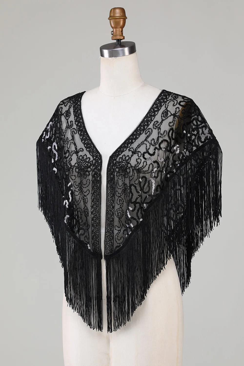 Black Sequins Glitter 1920s Cape with Fringes sold by Zapaka product image thumbnail 3