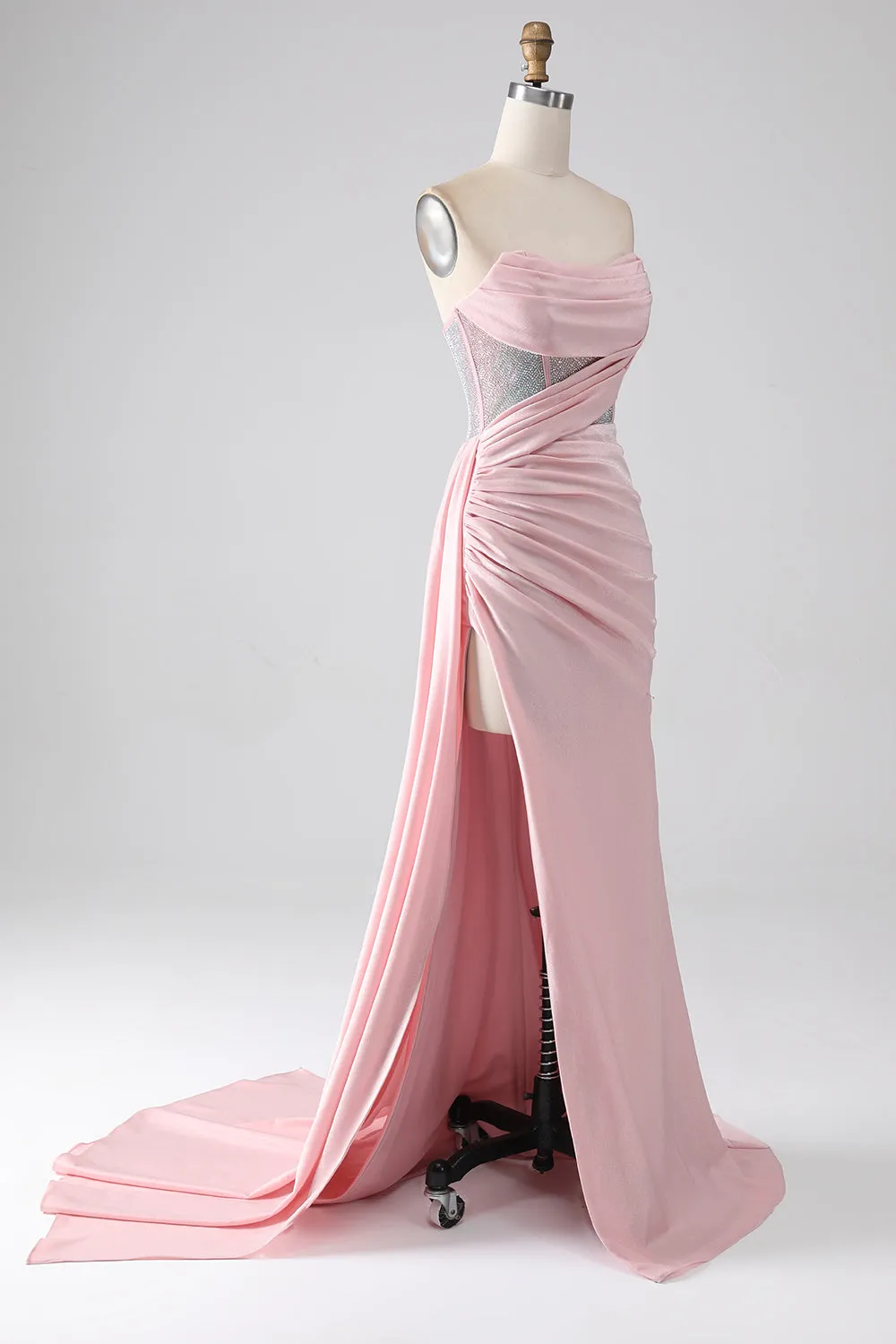 Pink Mermaid Strapless Beaded Pleated Long Prom Dress With High Slit sold by Zapaka product image thumbnail 3