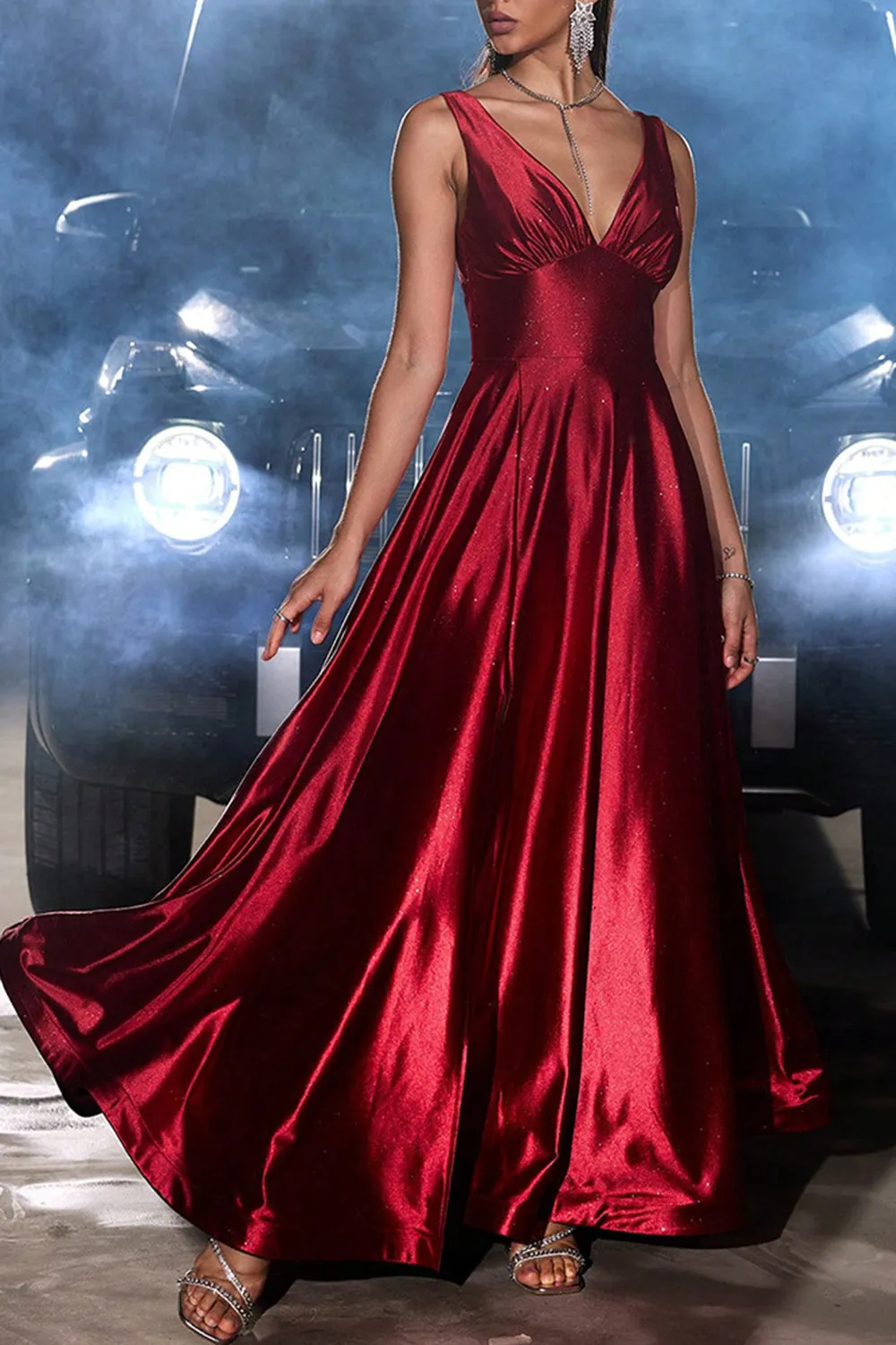 Dark Red A Line V Neck Satin Long Dress with Slit sold by Zapaka product image thumbnail 2