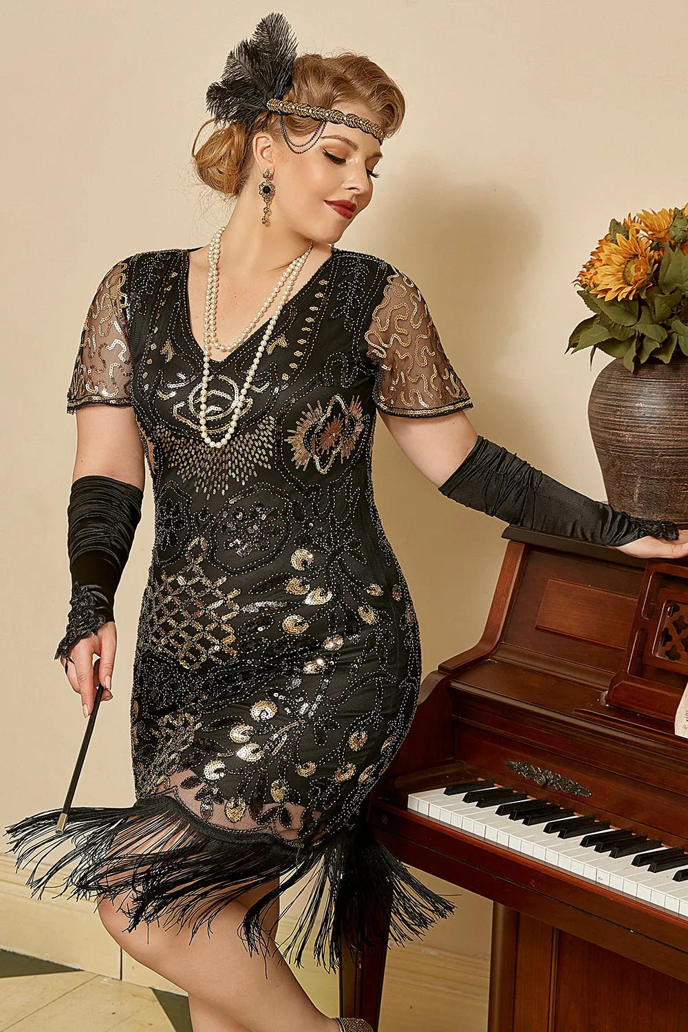 Black Golden Beaded Sequins 1920s Plus Size Dress sold by Zapaka product image thumbnail 3