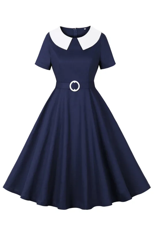 Navy Round Neck A Line Vintage 1950s Dress sold by Zapaka