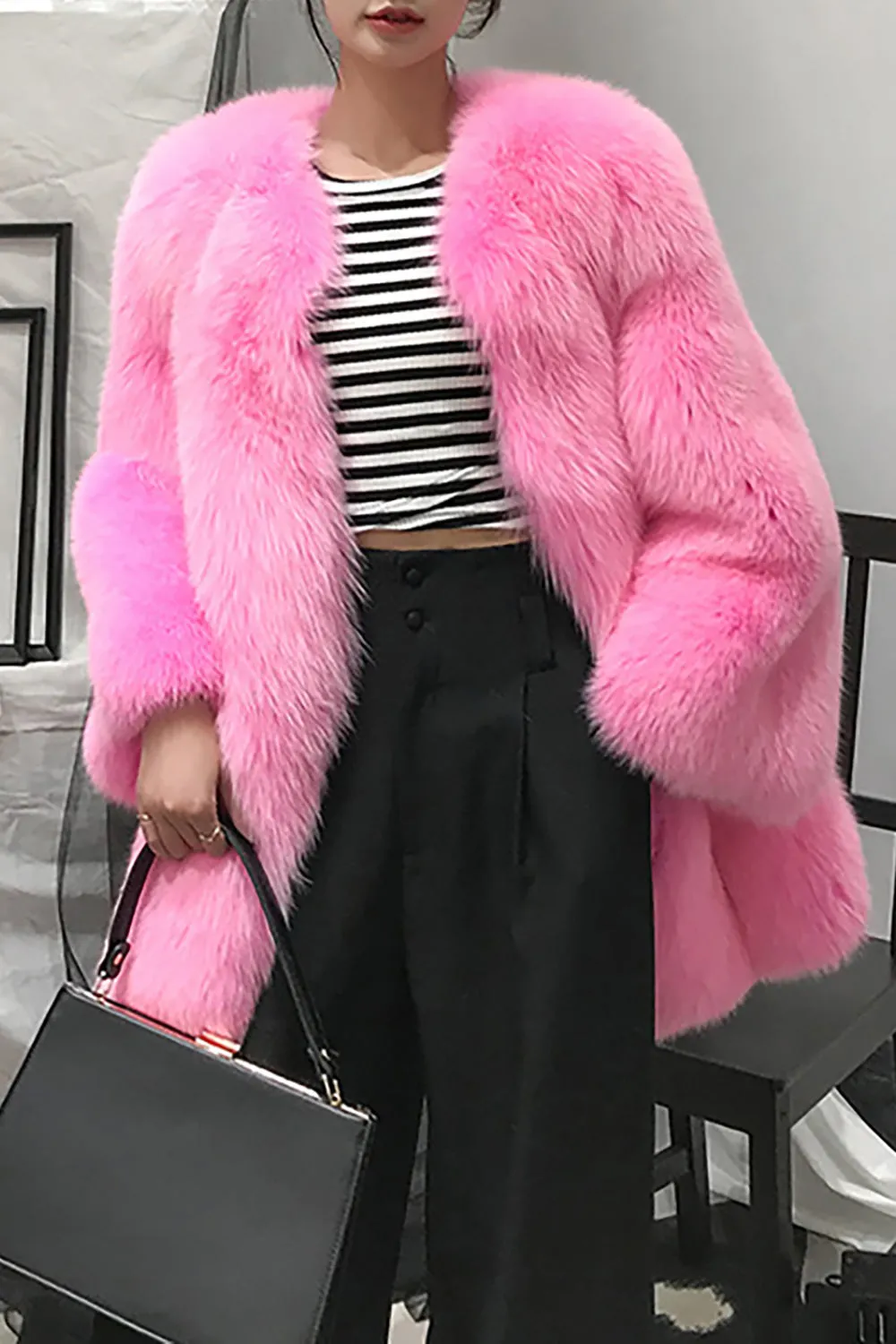 Hot Pink Shawl Lapel Oversized Faux Fur Women Coat sold by Zapaka product image thumbnail 3