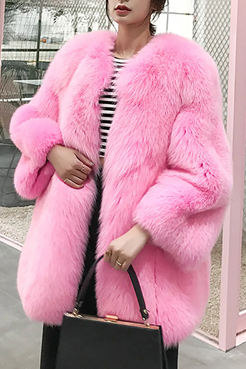 Hot Pink Shawl Lapel Oversized Faux Fur Women Coat sold by Zapaka