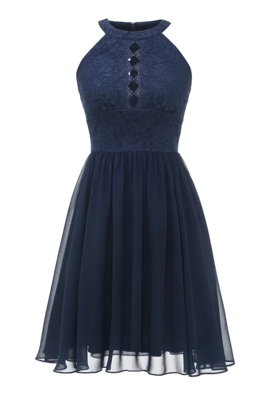 A Line Halter Neck Navy Lace Dress sold by Zapaka
