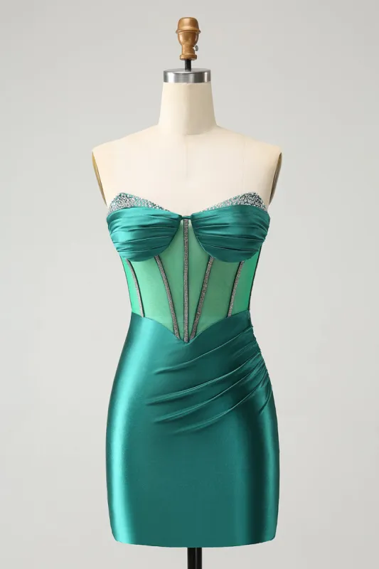 Glitter Dark Green Strapless Corset Tight Homecoming Dress with Beading sold by Zapaka